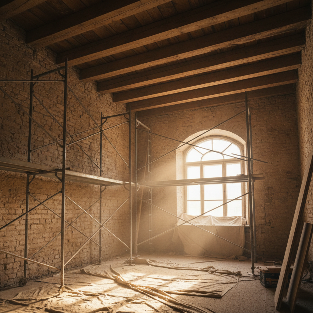 Wnętrze starej, zabytkowej kamienicy w trakcie generalnego remontu. Widoczne odsłonięte, stare belki drewnianego stropu, ceglane ściany i rusztowania. Przez duże, łukowate okno wpada promień słońca, oświetlając pył w powietrzu. Klimat historyczny, z nutą nadziei na odnowę. Styl fotorealistyczny, ciepłe oświetlenie.