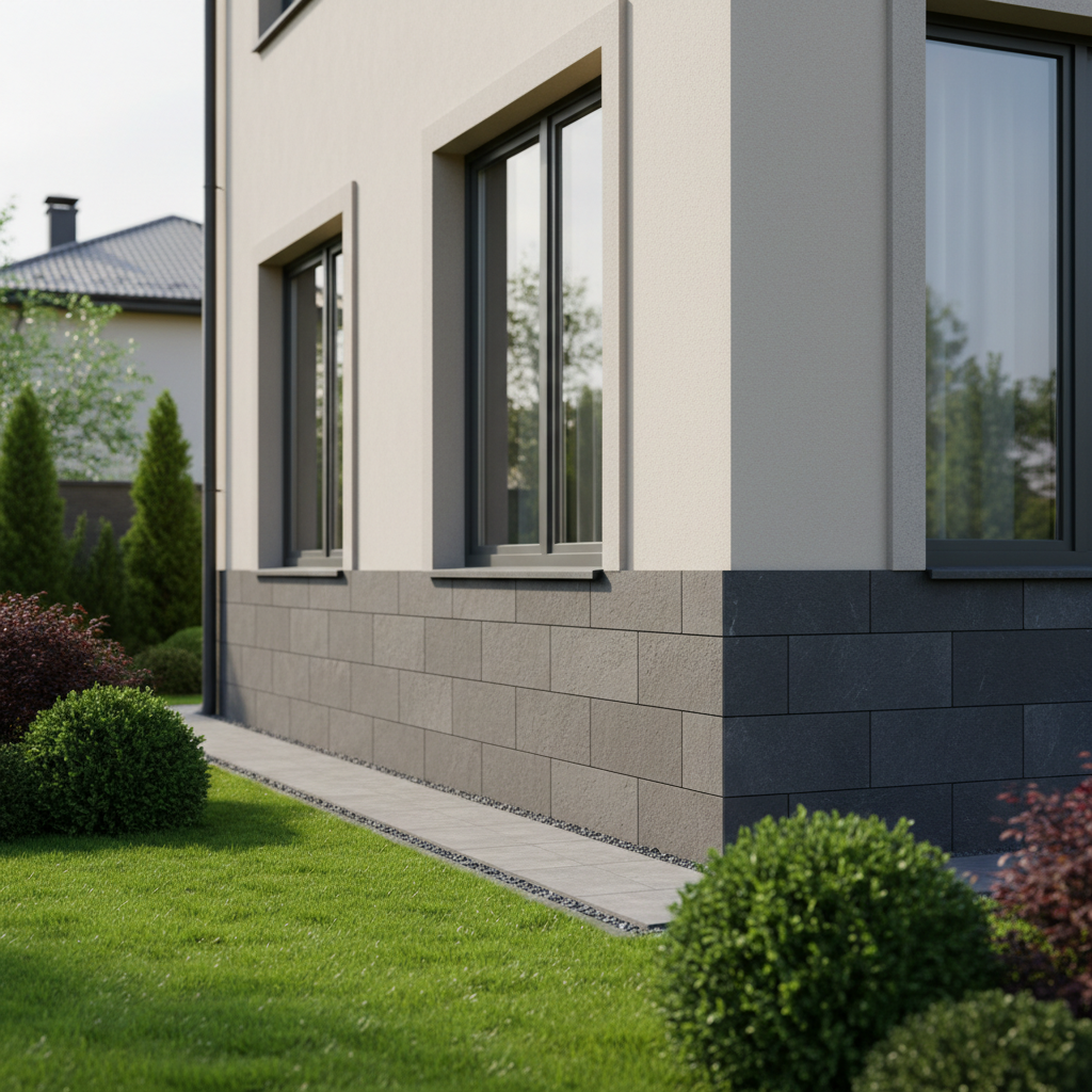Zbliżenie na fragment nowoczesnego domu, gdzie podmurówka jest wykończona eleganckimi, grafitowymi płytkami kamiennymi, kontrastującymi z jasną, gładką elewacją wyższych partii budynku. Wokół widać zadbany ogród z zieloną trawą i ozdobnymi krzewami.