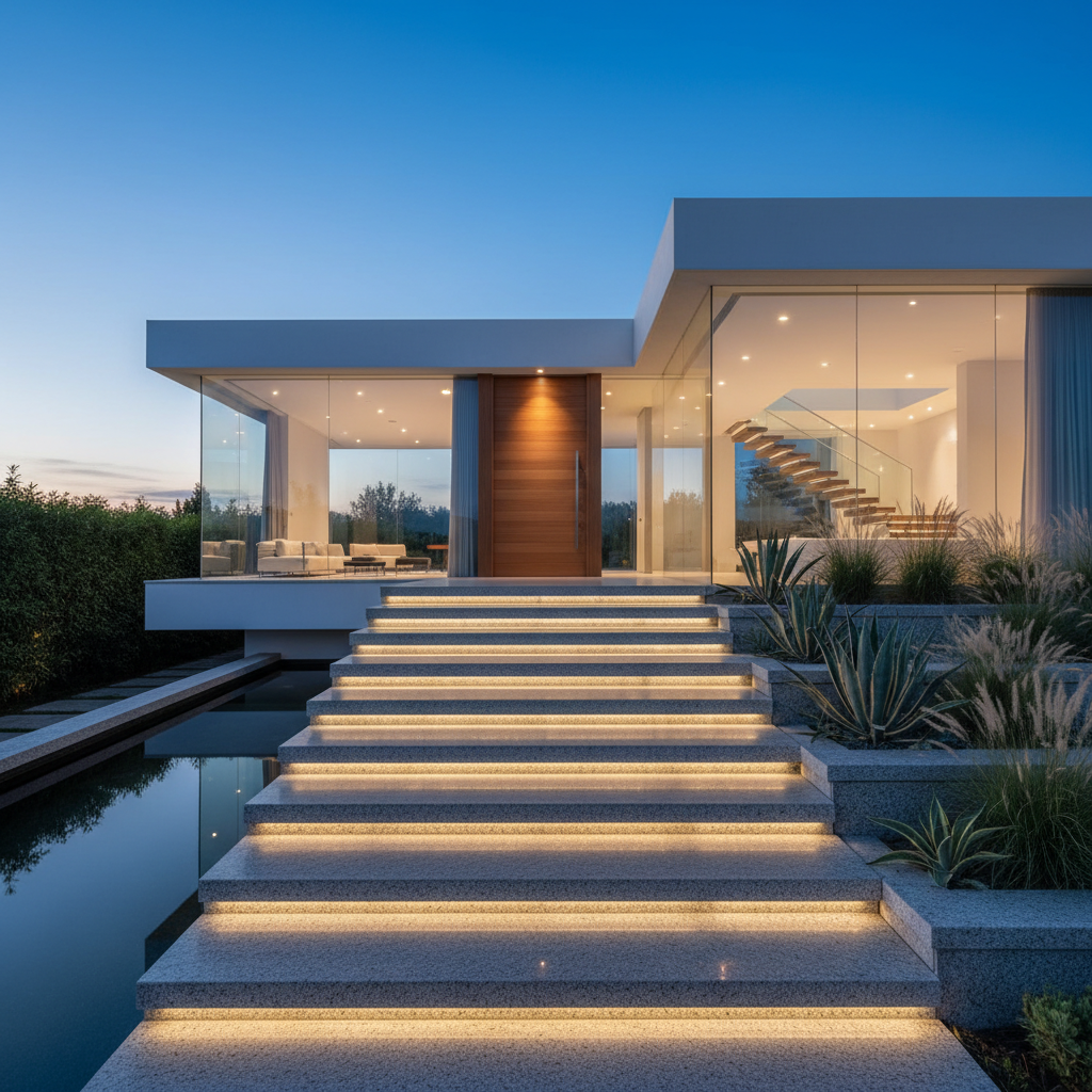 Reprezentacyjne schody zewnętrzne wykonane z szarego, polerowanego granitu, prowadzące do wejścia nowoczesnej willi z dużymi przeszkleniami. Schody są podświetlone dyskretnymi lampkami LED.