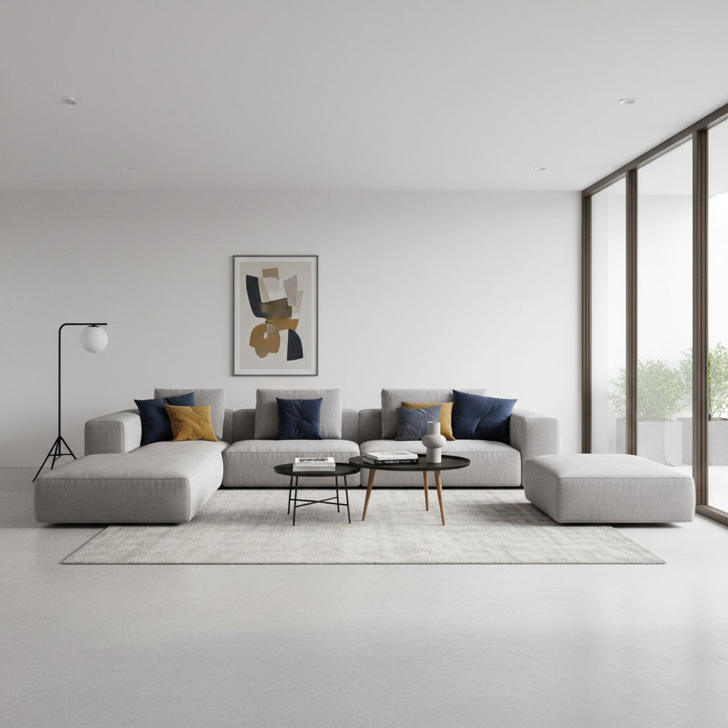 Nowoczesny salon, w którym centralne miejsce zajmuje duża, szara kanapa modułowa. Składa się ona z kilku segmentów ułożonych w niestandardowy, otwarty kształt, z szezlongiem z jednej strony i otwartym pufem z drugiej. Na kanapie leżą poduszki w odcieniach musztardowej żółci i granatu, dodające wnętrzu koloru.