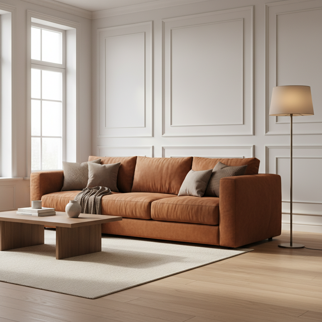 Jasny, neutralny salon z dużą, wygodną kanapą w kolorze głębokiego karmelu. Na sofie leżą poduszki w odcieniach beżu i brązu. Za kanapą znajduje się ściana z subtelną sztukaterią, a obok stoi lampa podłogowa z ciepłym, rozproszonym światłem.