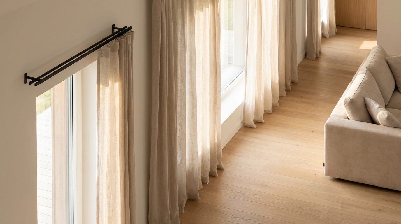 Słoneczny, nowoczesny salon z dużym oknem. Na eleganckim, czarnym metalowym karniszu wiszą lekkie, lniane zasłony w kolorze beżowym. Wnętrze jest jasne, minimalistyczne, z drewnianą podłogą i wygodną sofą. Kadr skupia się na oknie i perfekcyjnie zamontowanym karniszu, tworząc wrażenie spokoju i estetyki.