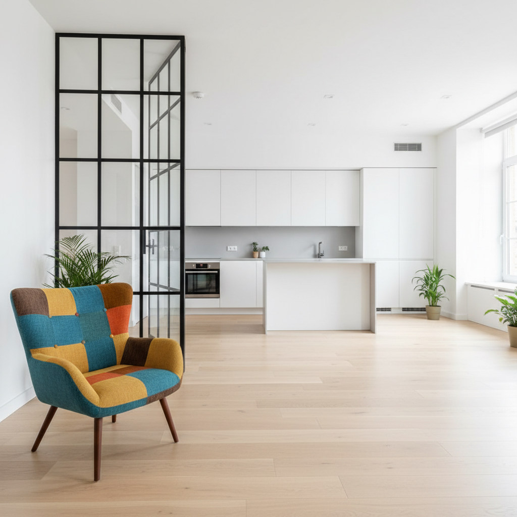 Szerokie ujęcie jasnej, nowoczesnej kawalerki, pokazujące otwartą przestrzeń. Na pierwszym planie widać fragment strefy wypoczynkowej z kolorowym fotelem retro. W tle, za szklaną ścianką loftową, znajduje się minimalistyczna, biała kuchnia. Całość skąpana jest w naturalnym świetle wpadającym przez duże okno, a jednolita, drewniana podłoga łączy wszystkie strefy.
