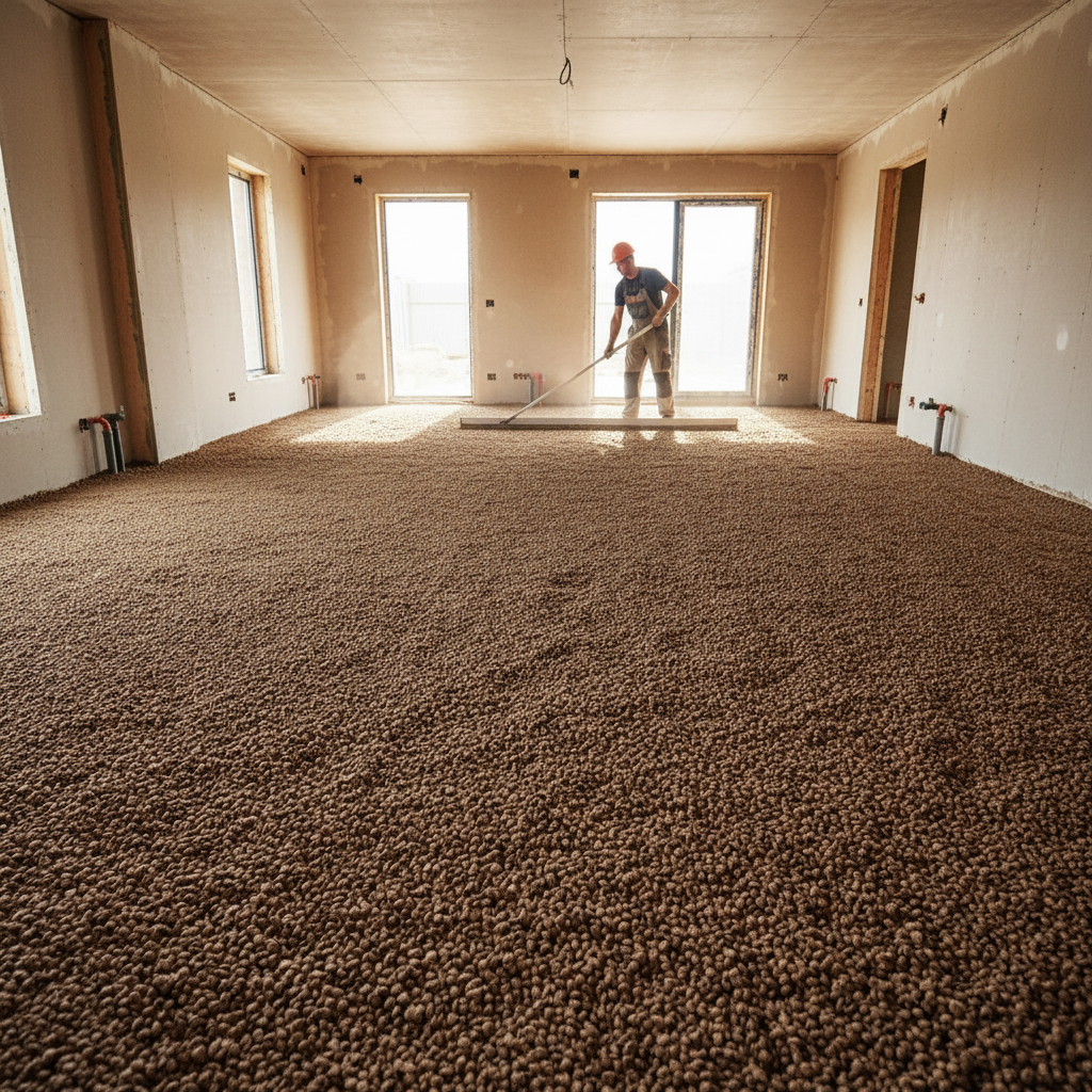 Szeroki kadr przedstawiający wnętrze budowanego domu. Na całej powierzchni podłogi rozsypana jest gruba warstwa brązowego keramzytu. Pracownik za pomocą długiej łaty aluminiowej wyrównuje powierzchnię kruszywa. Widać, jak technologia ta pozwala na szybkie i jednorodne pokrycie całej przestrzeni.