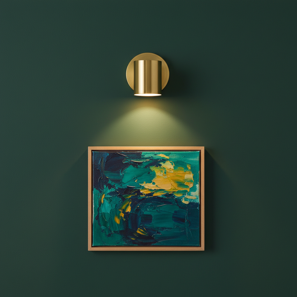 Elegancki, minimalistyczny kinkiet w kolorze mosiądzu, zamontowany na ścianie nad abstrakcyjnym obrazem w prostej ramie. Światło z kinkietu precyzyjnie oświetla płótno, podkreślając jego kolory i fakturę na tle ściany w kolorze butelkowej zieleni.