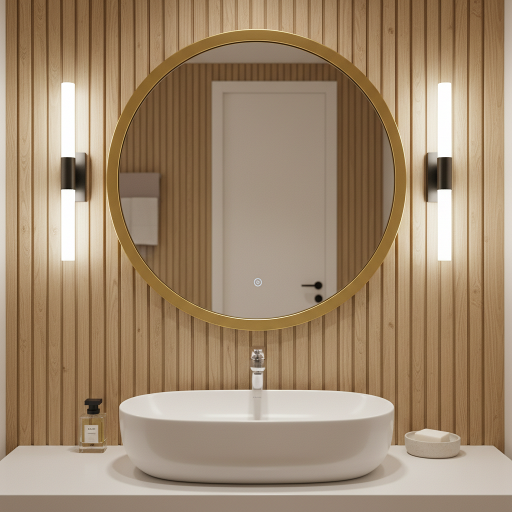 Zbliżenie na elegancką, okrągłą ramę lustra wiszącego nad nowoczesną umywalką. Po obu stronach lustra zamontowane są stylowe, pionowe kinkiety emitujące miękkie, białe światło, które idealnie oświetla przestrzeń do makijażu. W tle widać fragment ściany z modnymi, pionowymi lamelami w kolorze drewna.