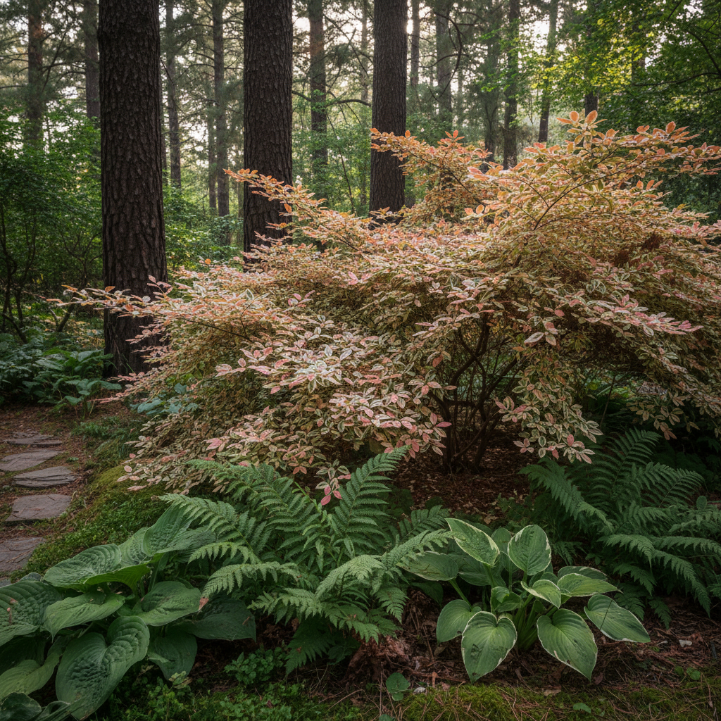 Kompozycja ogrodowa w stylu leśnym, gdzie główną rolę gra gęsty, rozłożysty krzew Kiścienia Waltera 'Rainbow'. Jego kolorowe liście kontrastują z głęboką zielenią paproci, host i ciemną korą sosen w tle. Całość skąpana jest w miękkim, przefiltrowanym przez liście drzew świetle, tworząc spokojną i tajemniczą atmosferę.