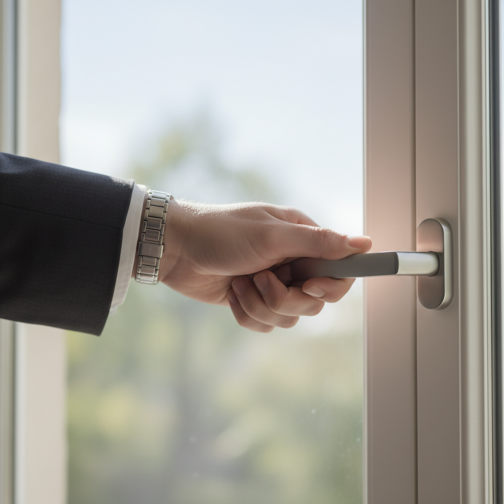 Zbliżenie na dłoń elegancko ubranej osoby, która precyzyjnie przekręca nowoczesną, minimalistyczną klamkę okienną do pozycji 45 stopni. Światło z zewnątrz delikatnie oświetla scenę.
