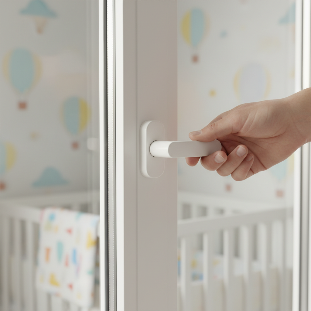 Zbliżenie na dłoń rodzica przekręcającego kluczyk w nowoczesnej, białej klamce okiennej w pokoju dziecka. W tle widać fragment dziecięcego łóżeczka lub kolorowej tapety. Oświetlenie jest miękkie i naturalne, podkreślając troskę i bezpieczeństwo.