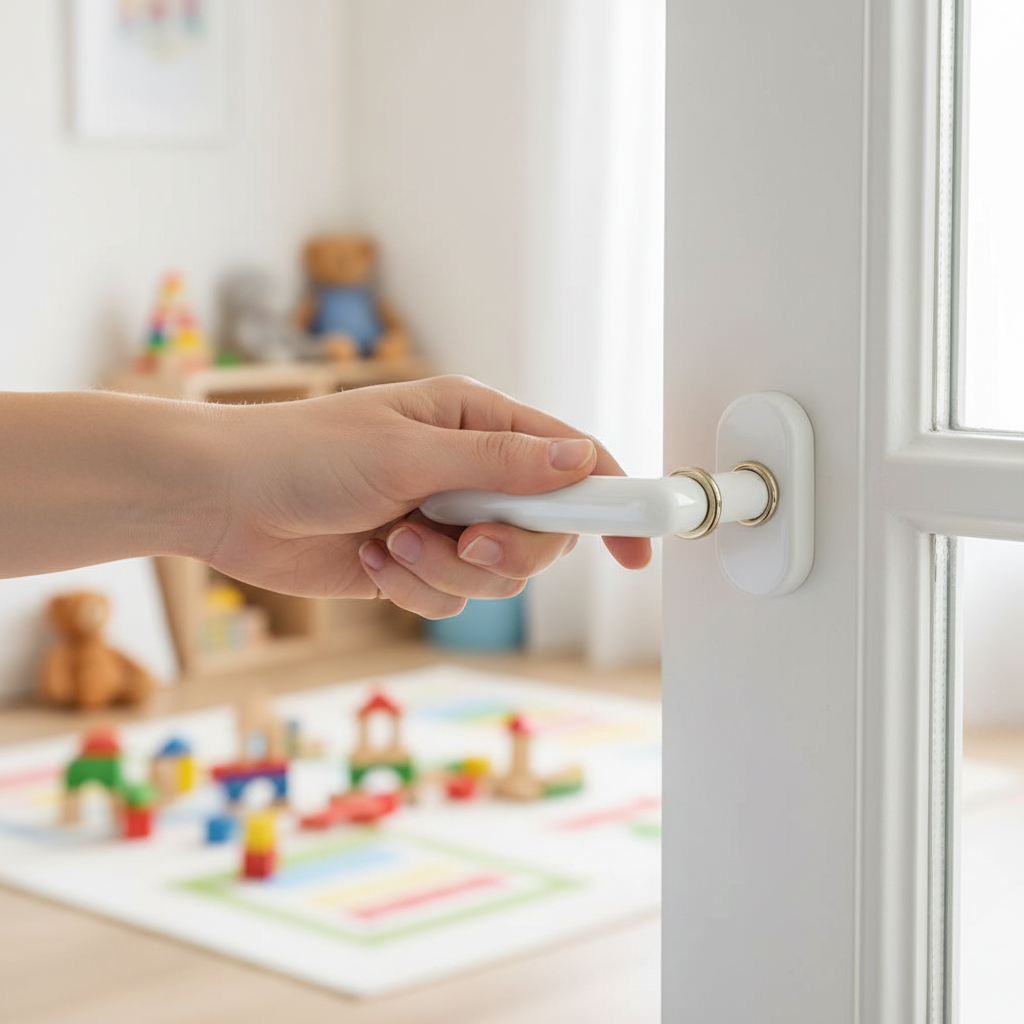 Zbliżenie na dłoń rodzica przekręcającego kluczyk w eleganckiej, białej klamce okiennej. W tle widać fragment pokoju dziecka z kolorowymi zabawkami, co podkreśla kontekst bezpieczeństwa. Światło jest miękkie i naturalne.