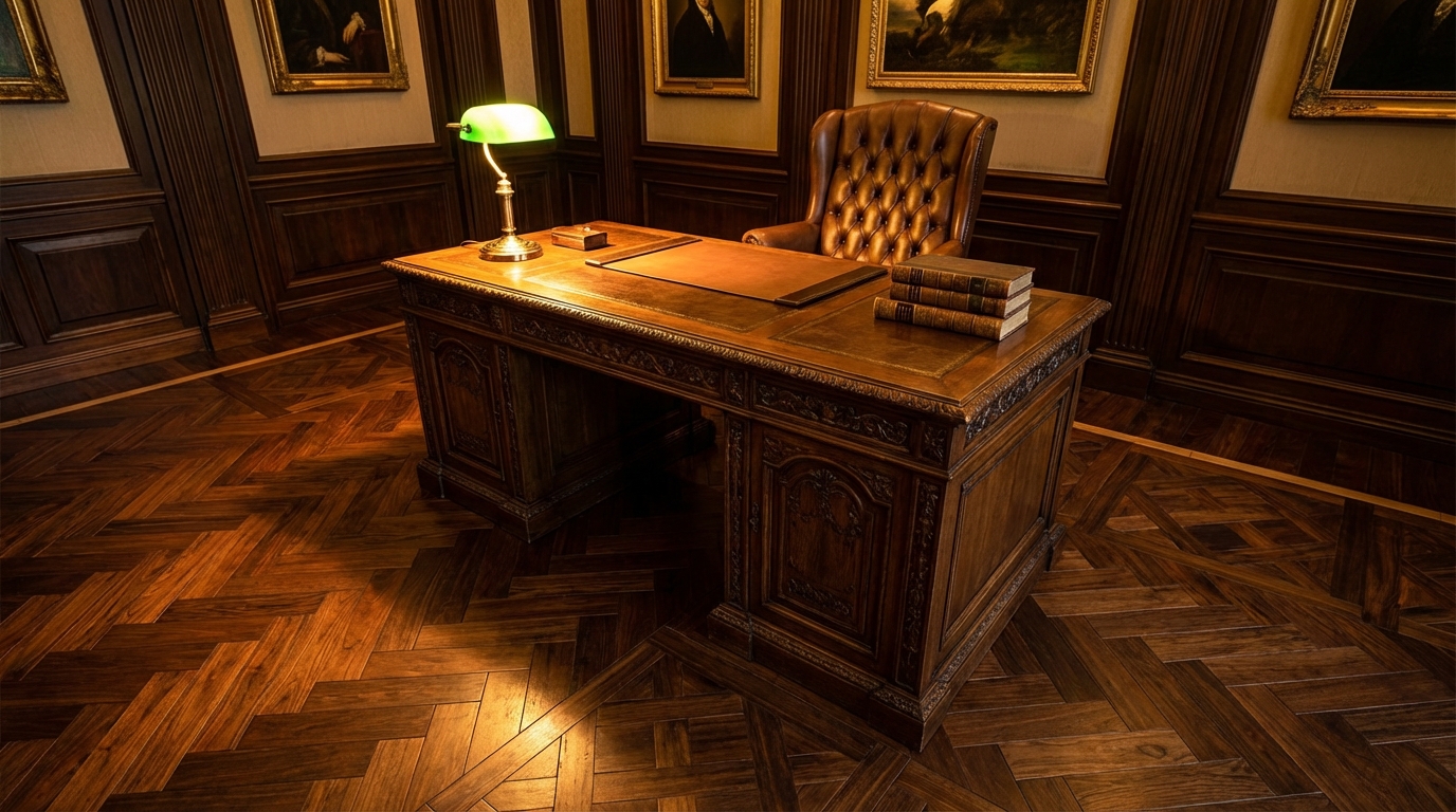 Elegancki gabinet w stylu klasycznym z masywnym, drewnianym biurkiem i skórzanym fotelem. Podłoga wyłożona jest ciemnymi panelami o wzorze przypominającym pałacowy parkiet, a ciepłe światło lampy tworzy atmosferę luksusu i ponadczasowości.