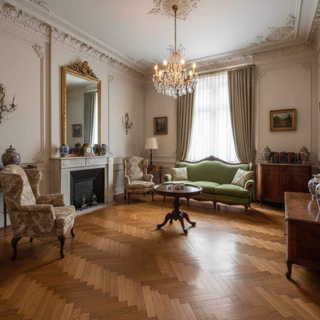 Elegancki salon w klasycznym stylu z wysokim sufitem i sztukaterią. Centralnym punktem jest błyszcząca, dębowa podłoga ułożona w jodełkę francuską. Wnętrze jest umeblowane antycznymi meblami, w tym welurową sofą w kolorze butelkowej zieleni i ciężkimi zasłonami. Ciepłe, rozproszone światło pada z kryształowego żyrandola, podkreślając głębię koloru drewna.