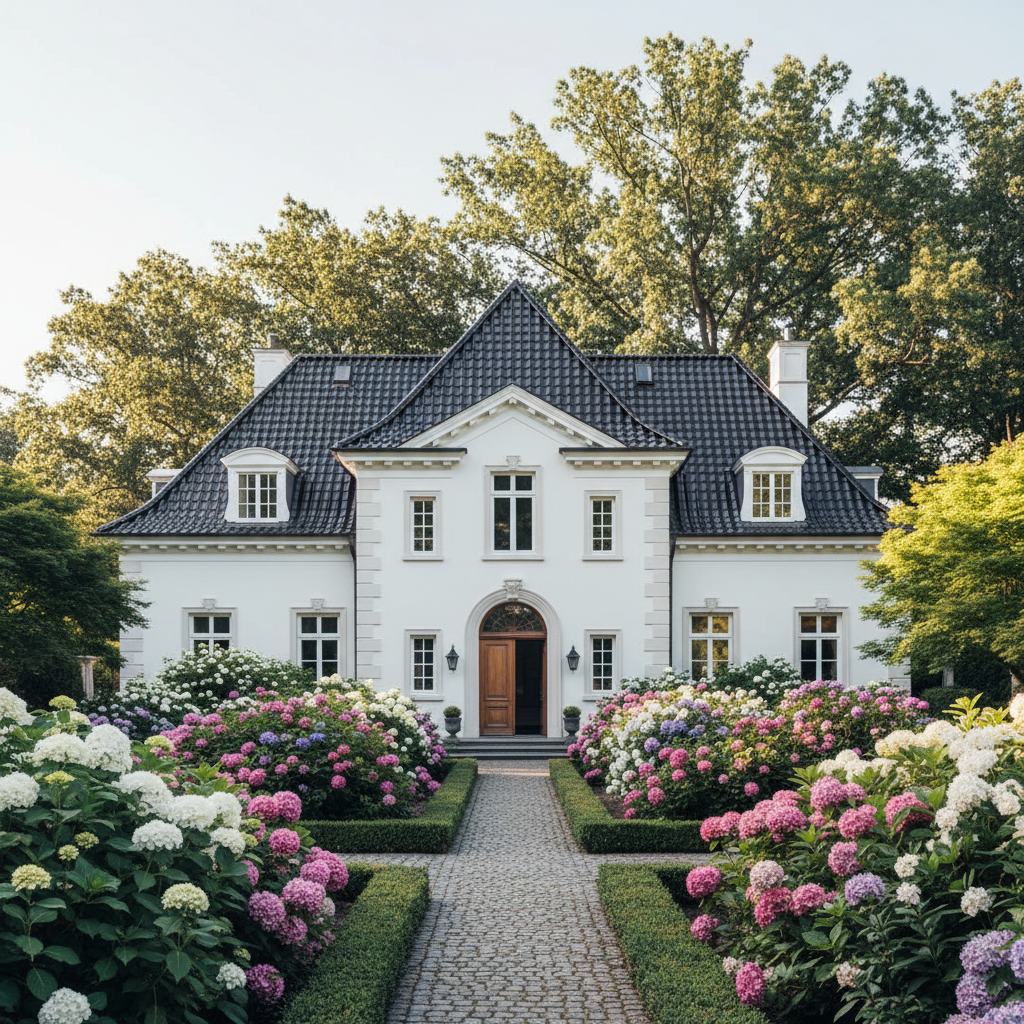 Elegancki, klasyczny dom w stylu dworku z białymi ścianami i ozdobnymi gzymsami. Dom posiada stromy, wielospadowy dach pokryty połyskującą, czarną dachówką ceramiczną. W dachu widoczne są okna dachowe. Budynek otoczony jest starannie utrzymanym ogrodem z kwitnącymi krzewami i starymi drzewami, co tworzy atmosferę tradycji połączonej z nowoczesną elegancją.