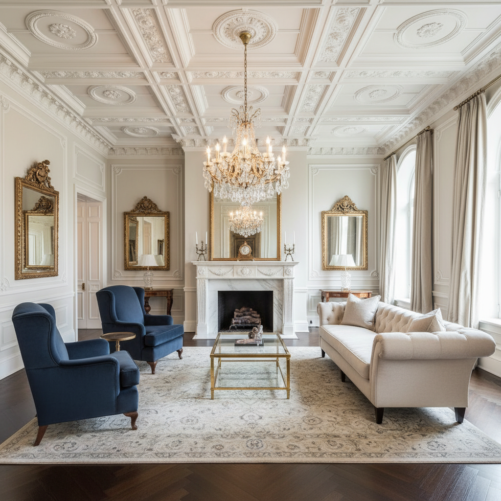 Luksusowy salon w klasycznym stylu nowojorskim. Wysokie sufity z ozdobnymi sztukateriami, duży marmurowy kominek stanowiący centralny punkt. Po obu stronach kominka symetrycznie ustawione fotele w aksamitnej tapicerce. W centrum duża, jasna kanapa i szklany stolik kawowy na złotej podstawie. Na ścianach wiszą lustra w ozdobnych ramach, a całość oświetla elegancki, kryształowy żyrandol.