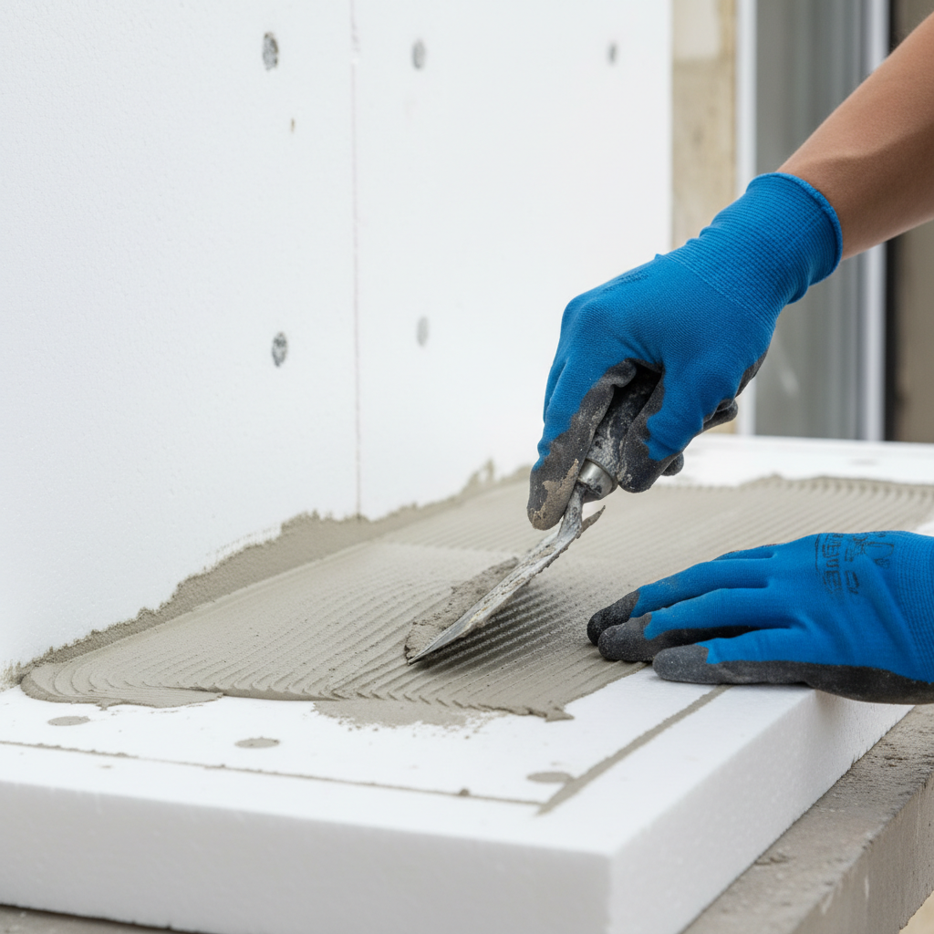 Zbliżenie na dłonie pracownika w rękawicach roboczych, który za pomocą pacy zębatej precyzyjnie nakłada zaprawę klejową metodą obwodowo-punktową na białą płytę styropianową. W tle widać fragment ocieplanej ściany budynku. Scena jest czysta, profesjonalna i dobrze oświetlona.