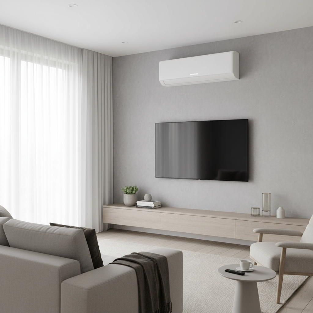 Wnętrze nowoczesnego salonu z widokiem na ścianę z telewizorem. Nad telewizorem, w sposób harmonijny i dyskretny, zamontowana jest smukła, biała jednostka wewnętrzna klimatyzacji typu split. Pomieszczenie jest czyste, uporządkowane, a cała scena emanuje spokojem i komfortem termicznym.