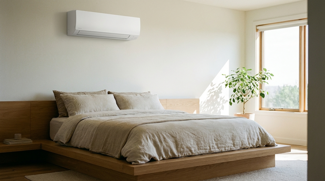 Elegancka, minimalistyczna sypialnia z dużym, wygodnym łóżkiem. Na ścianie nad łóżkiem zamontowana jest smukła, nowoczesna jednostka wewnętrzna klimatyzatora w białym kolorze. Scena jest spokojna i estetyczna, podkreśla komfort termiczny i czyste powietrze.
