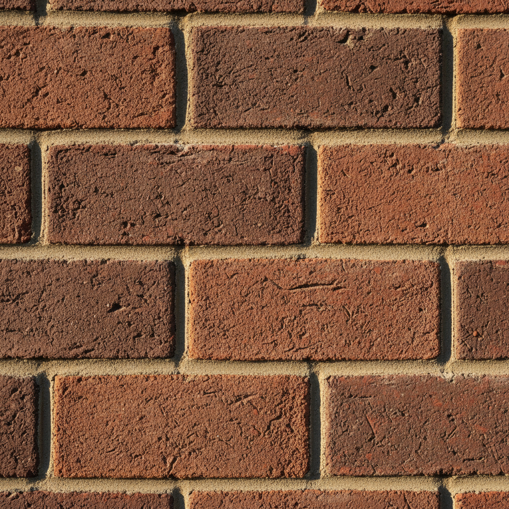Makro ujęcie fragmentu ściany z cegły klinkierowej w odcieniach czerwieni i brązu. Światło słoneczne delikatnie oświetla powierzchnię, podkreślając subtelną, lekko chropowatą fakturę każdej cegły oraz precyzyjnie wykonane fugi. Obraz ma ciepłą, naturalną kolorystykę i oddaje solidność materiału.