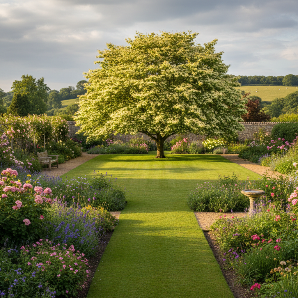 Szerokie ujęcie malowniczego ogrodu w stylu angielskim. W centralnym punkcie, na idealnie przystrzyżonym trawniku, rośnie duży, rozłożysty klon jesionolistny 'Variegatum'. Jego dwubarwne liście tworzą jasną, świetlistą plamę na tle ciemniejszej zieleni innych roślin. Popołudniowe słońce rzuca długie cienie, tworząc spokojną i relaksującą atmosferę.