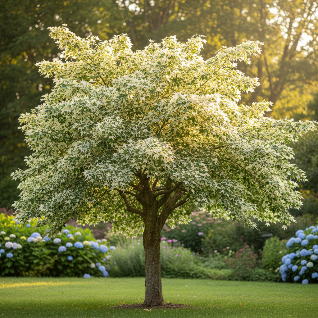 Majestatyczny klon jesionolistny 'Variegatum' w pełni letniego rozkwitu, sfotografowany w ciepłym, porannym świetle. Drzewo ma szeroką, nieregularną koronę i dwukolorowe, biało-zielone liście, które lśnią w słońcu. Tło stanowi zadbany, zielony ogród, lekko rozmyty, aby skupić uwagę na drzewie.