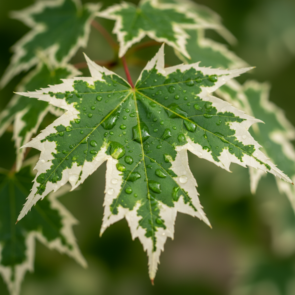 Fotorealistyczne, makro ujęcie liści klonu jesionolistnego 'Variegatum'. Słońce delikatnie prześwieca przez liście, podkreślając żywą zieleń w centrum i kremowobiałe, nieregularne obrzeżenie. Kilka kropel porannej rosy na powierzchni liści. Tło lekko rozmyte, w odcieniach zieleni.
