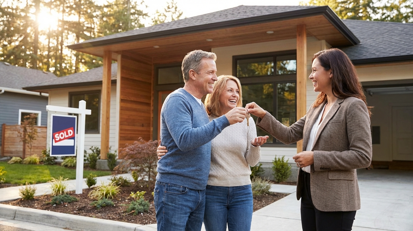 Uśmiechnięta para w średnim wieku otrzymuje klucze do swojego nowego domu od doradcy finansowego lub agenta nieruchomości. Stoją przed drzwiami wejściowymi nowoczesnego, przytulnego domu jednorodzinnego. Scena jest pełna słońca i optymizmu, symbolizując spełnienie marzeń o własnym M.