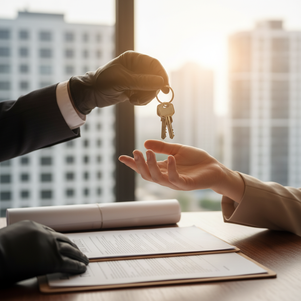 Zbliżenie na dłoń agenta nieruchomości przekazującego klucze do nowego mieszkania, oddające poczucie sukcesu i nowego początku.