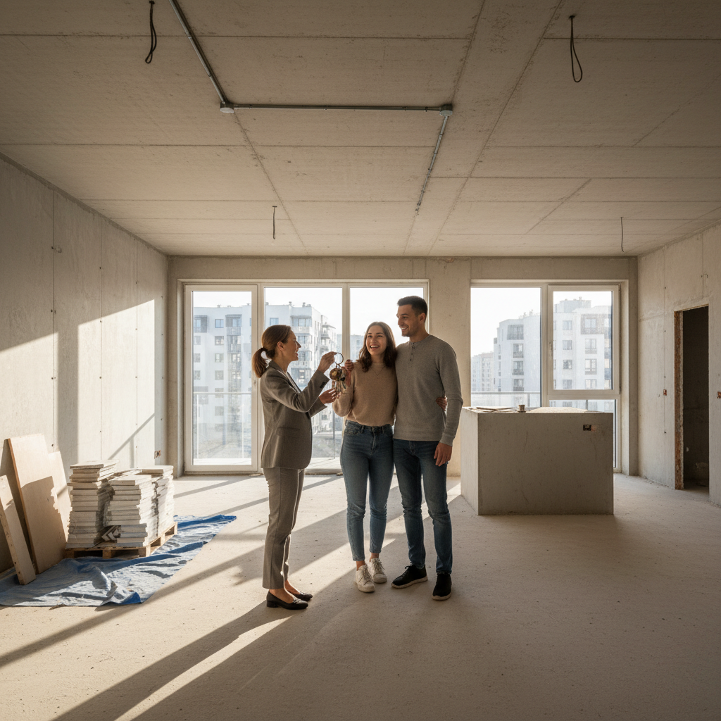 Młoda, uśmiechnięta para w wieku około 30 lat, stojąca przed drzwiami swojego nowego, jeszcze nieumeblowanego mieszkania. Mężczyzna trzyma w ręku klucze, a kobieta obejmuje go ramieniem, patrząc z dumą na ich wspólne osiągnięcie. Wnętrze jest jasne, z dużym oknem w tle, wpuszczającym ciepłe, słoneczne światło.