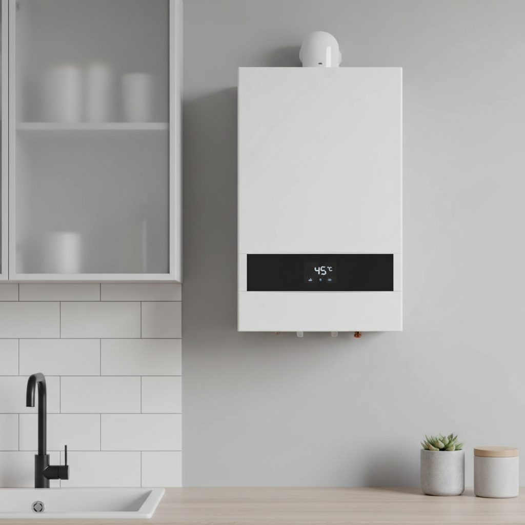 Estetyczne zbliżenie na nowoczesny, kompaktowy kocioł dwufunkcyjny zamontowany na ścianie w minimalistycznej kuchni lub łazience. Urządzenie jest białe, ma cyfrowy wyświetlacz i wtapia się w tło, podkreślając oszczędność miejsca.