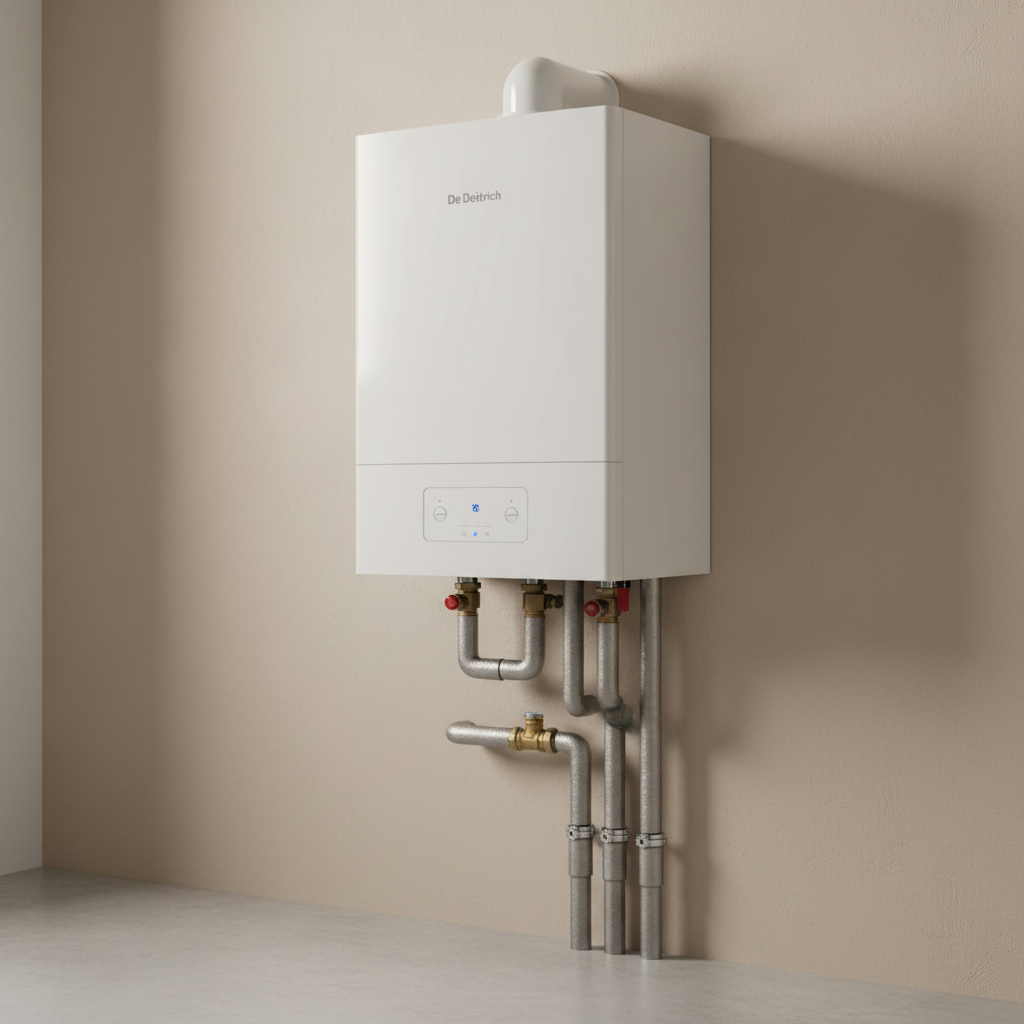 Zbliżenie na nowoczesny, wiszący kocioł gazowy marki De Dietrich zamontowany na jasnej ścianie w czystym pomieszczeniu technicznym. Urządzenie jest eleganckie i minimalistyczne. Delikatne, ciepłe światło pada na kocioł, podkreślając jego nowoczesny design i czystość instalacji.