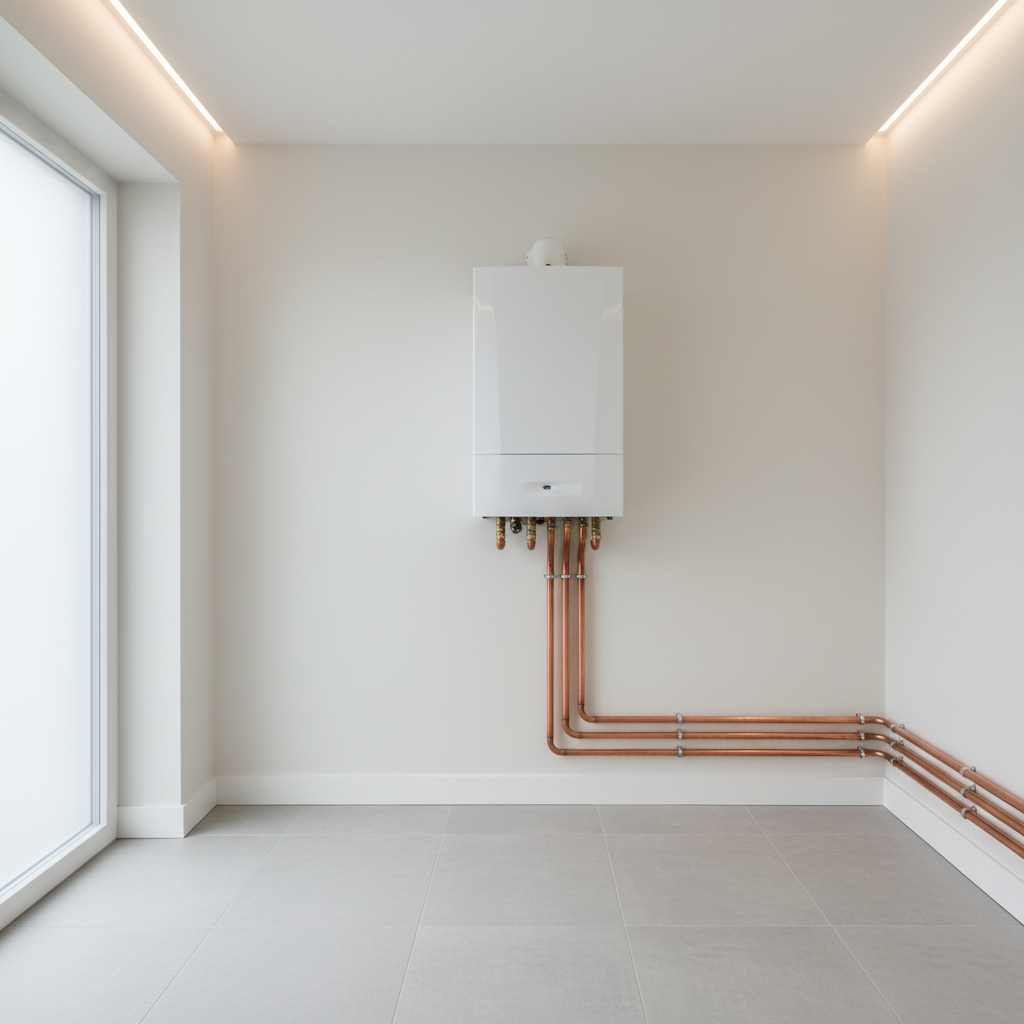 Czyste, nowoczesne pomieszczenie techniczne w jasnych barwach. Na idealnie gładkiej ścianie zamontowany jest biały, estetyczny kocioł gazowy kondensacyjny. Z kotła wychodzą starannie ułożone, lśniące rury miedziane. Podłoga wyłożona jest jasnoszarymi płytkami. Całość sprawia wrażenie porządku, nowoczesności i bezpieczeństwa.