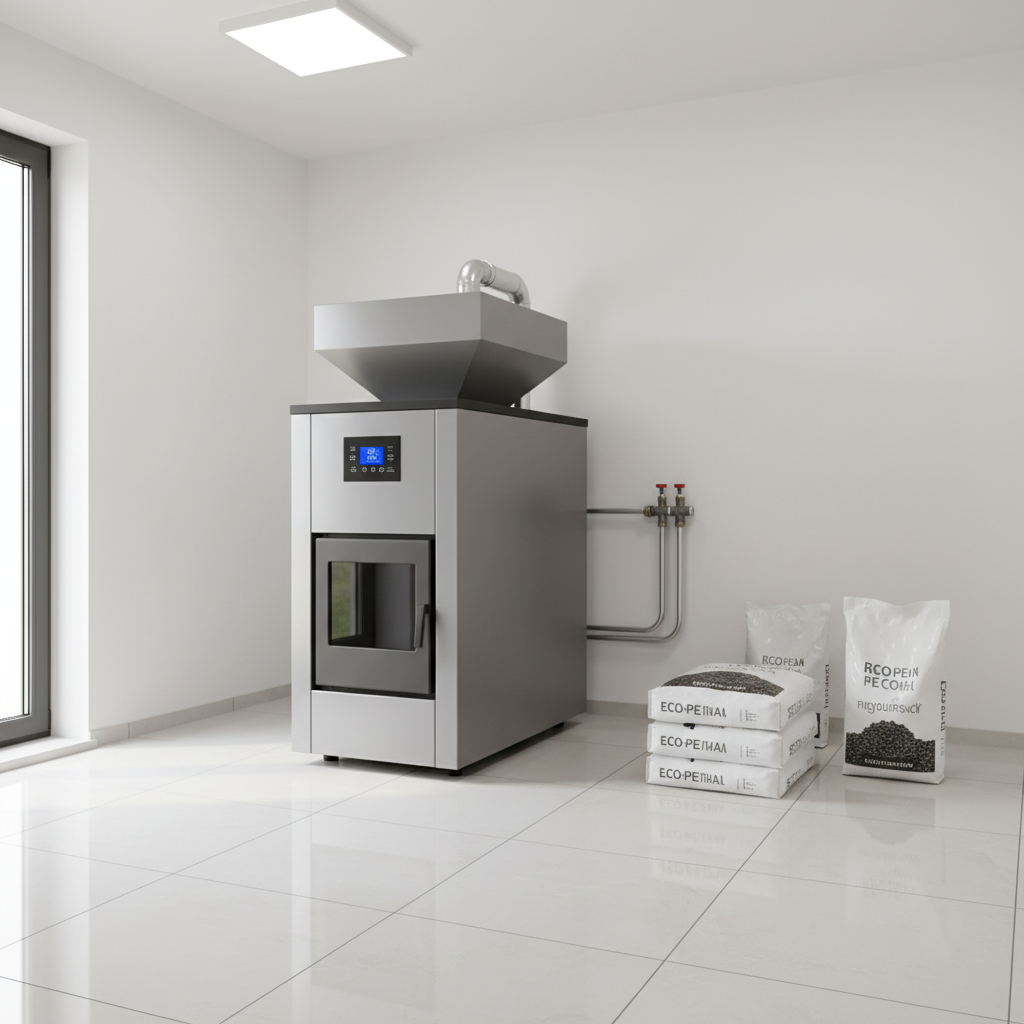Nowoczesny kocioł retortowy z podajnikiem i zasobnikiem na paliwo, stojący w czystej, jasnej i dobrze oświetlonej kotłowni. Kocioł ma elegancki, minimalistyczny design, a na podłodze leżą starannie ułożone worki z ekogroszkiem. Całość ma wyglądać na nowoczesne i bezobsługowe centrum ciepła w domu.