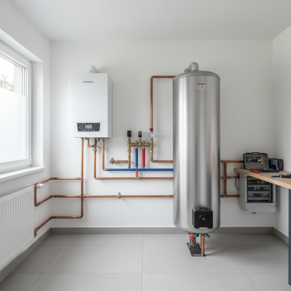 Przestronne i dobrze zorganizowane pomieszczenie techniczne w domu. Na ścianie wisi nowoczesny kocioł gazowy De Dietrich z podłączonym obok zasobnikiem CWU. Instalacja jest estetyczna i przejrzysta, z miedzianymi rurkami. Pomieszczenie jest czyste i jasne.