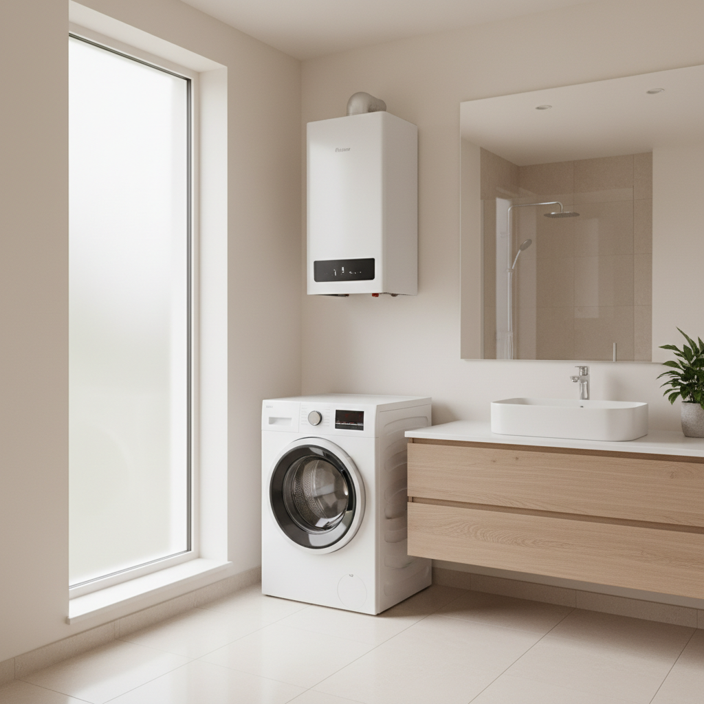 Elegancka, minimalistyczna łazienka w jasnych kolorach. Na ścianie, nad pralką, wkomponowany jest nowoczesny, biały, wiszący kocioł gazowy. Wnętrze jest dobrze oświetlone i sprawia wrażenie czystego i przestronnego.