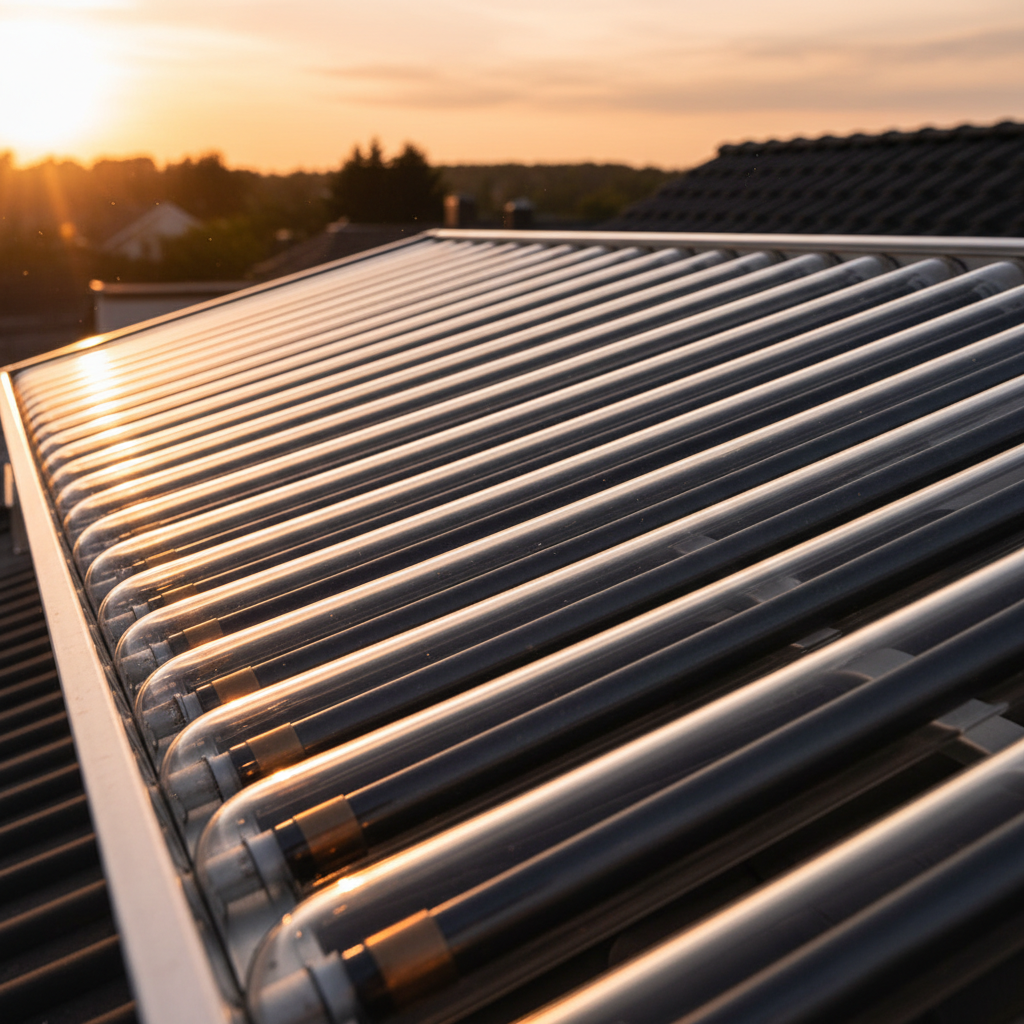 Zbliżenie na szklane rury próżniowe nowoczesnego kolektora słonecznego zamontowanego na dachu, oświetlone złotym światłem zachodzącego słońca, podkreślające ich zaawansowaną technologię i czystość.