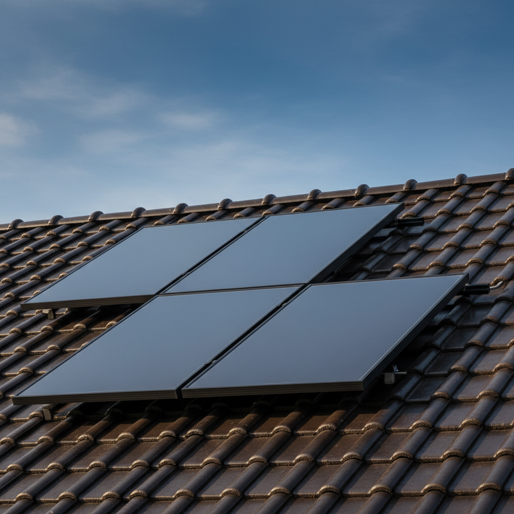 Zbliżenie na nowoczesne, płaskie kolektory słoneczne zamontowane na ciemnych, ceramicznych dachówkach. Na powierzchni kolektorów widać delikatne odbicie błękitnego nieba. Ujęcie podkreśla estetykę i technologię instalacji solarnej.