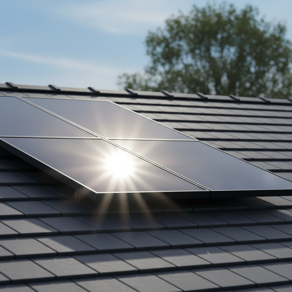Zbliżenie na panel kolektora słonecznego zamontowanego na dachu z nowoczesnej dachówki. Słońce odbija się w jego powierzchni, podkreślając technologię i czystą energię.