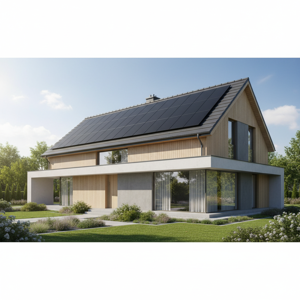 Nowoczesny dom jednorodzinny z estetycznie zintegrowanymi kolektorami słonecznymi na dachu, w słoneczny, letni dzień. Czyste niebo, zadbany ogród, perspektywa ukazująca harmonię technologii z naturą.