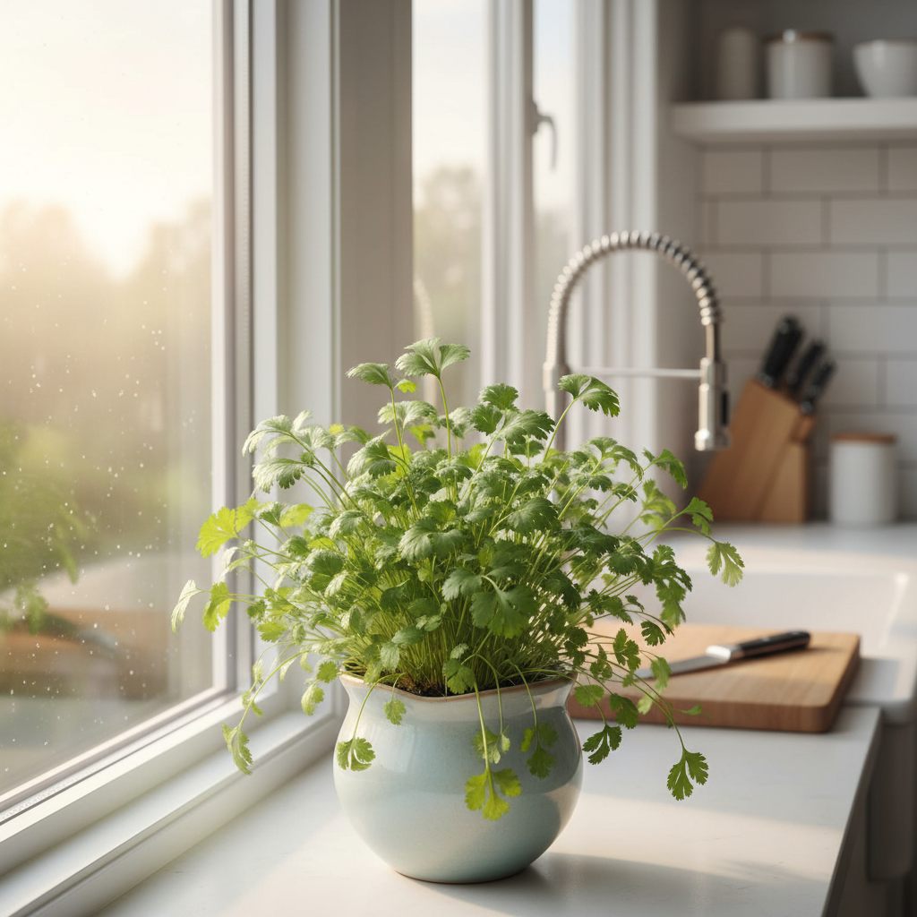 Stylowy parapet w jasnej, nowoczesnej kuchni. Na pierwszym planie znajduje się piękna, ceramiczna doniczka, z której wyrasta zdrowa, gęsta kolendra. Poranne światło wpadające przez okno subtelnie oświetla scenę, tworząc ciepłą i przytulną atmosferę. W tle widać lekko rozmyte elementy kuchenne, sugerujące kulinarne przeznaczenie ziół. Zdjęcie w estetyce lifestyle.