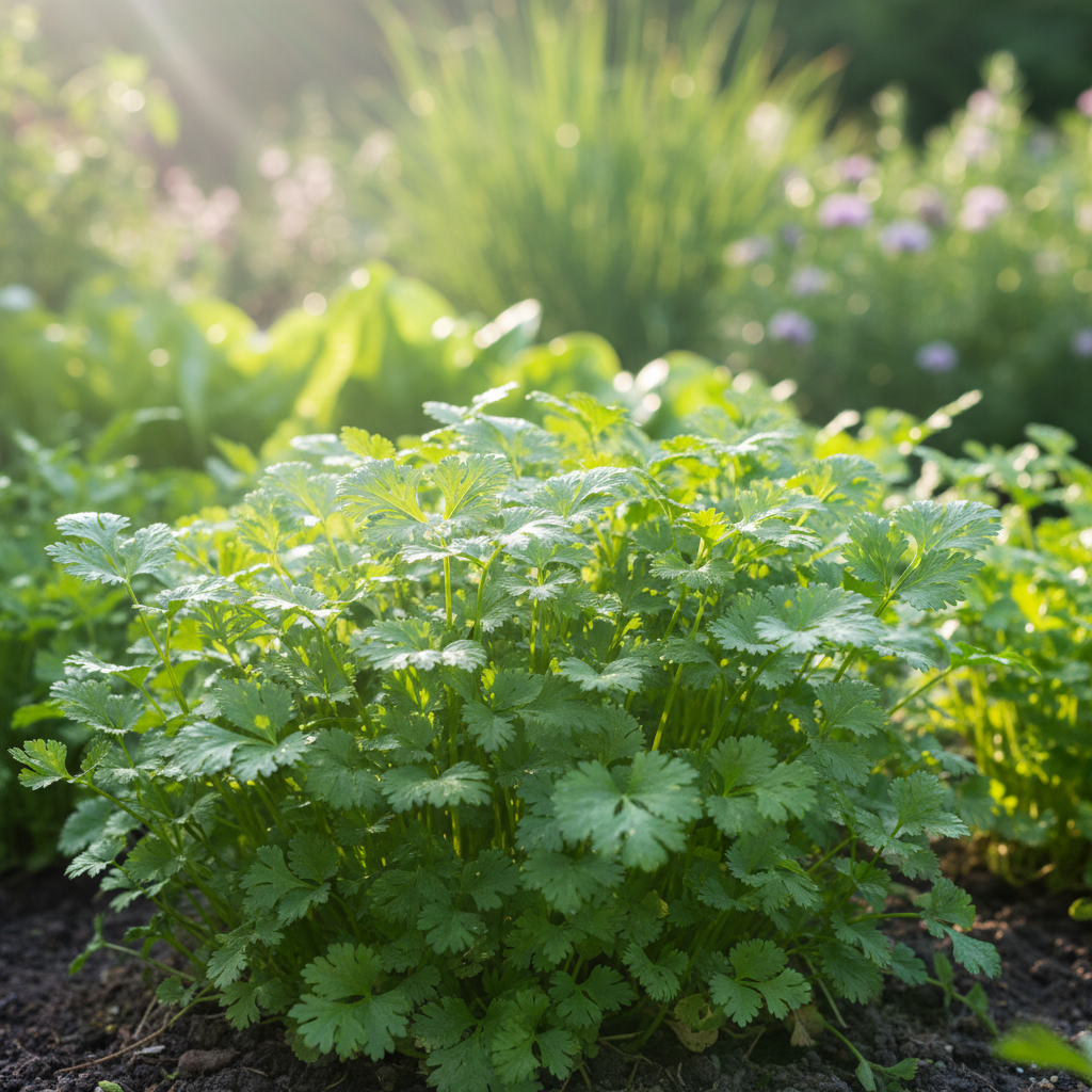 Zbliżenie na tętniącą życiem grządkę ogrodową, wypełnioną bujnymi, zielonymi krzaczkami kolendry. Promienie porannego słońca delikatnie prześwitują przez liście, podkreślając ich świeżość i szczegółową teksturę. Tło jest lekko rozmyte, ukazując inne rośliny ogrodowe, co tworzy wrażenie obfitości i naturalności. Zdjęcie w stylu realistycznej fotografii przyrodniczej.