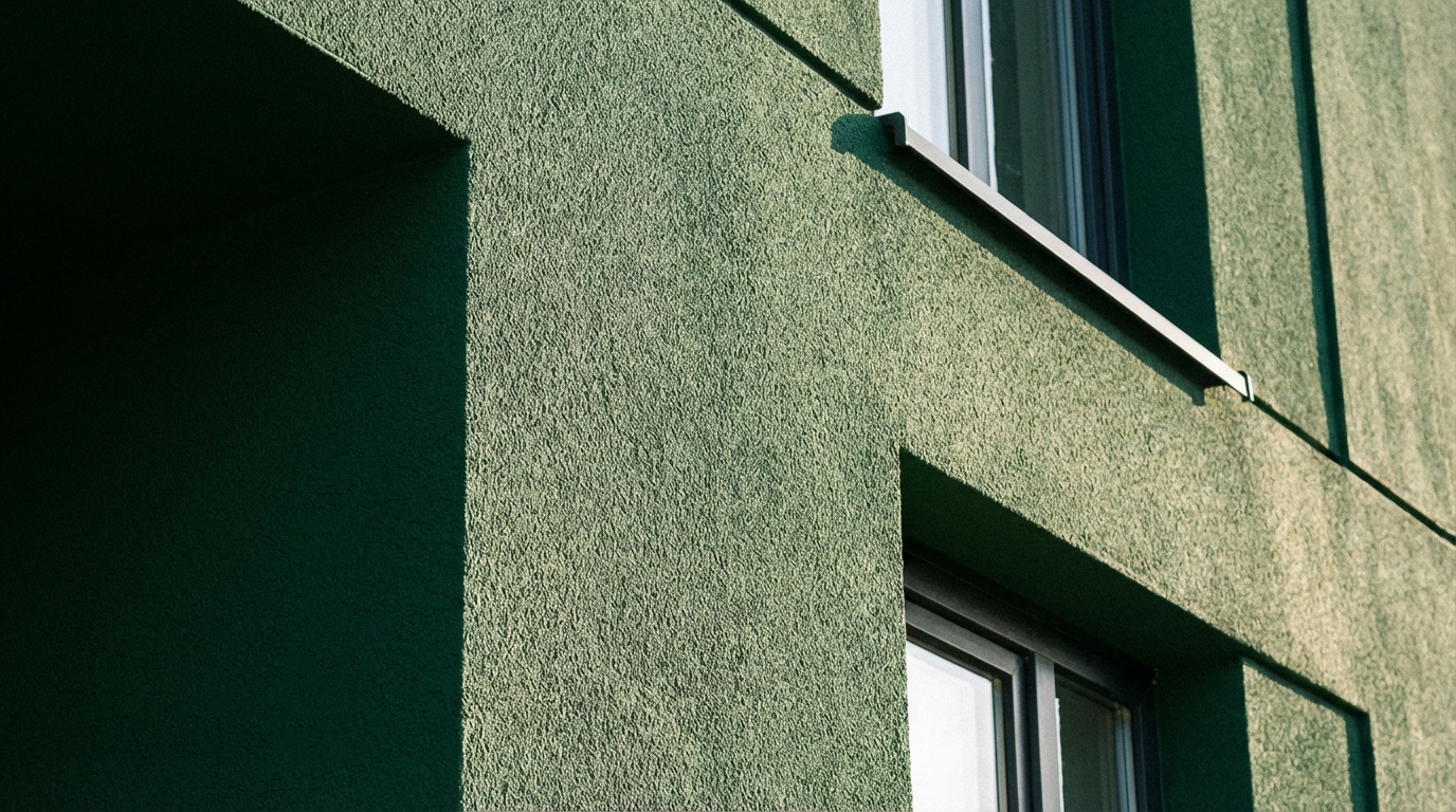 Zbliżenie na fragment nowoczesnej fasady pokrytej tynkiem o głębokim, nasyconym kolorze antracytowym lub butelkowej zieleni. Światło słoneczne delikatnie podkreśla idealną fakturę baranka, a obraz emanuje elegancją, odwagą i trwałością koloru.