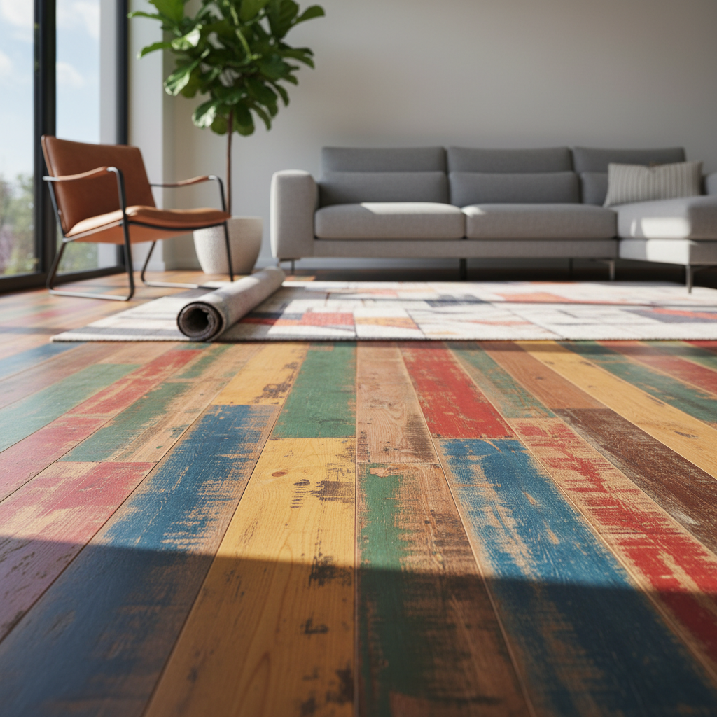 Ujęcie fragmentu salonu z perspektywy podłogi, ukazujące podłogę z desek Bauwerk Vintage Edition. Deski mają różne, intensywne kolory – od głębokiego błękitu, przez czerwień, po musztardową żółć – i są ułożone w pozornie przypadkowy wzór. W tle widać fragment nowoczesnej, prostej kanapy i designerski fotel, co tworzy kontrast między nowym a starym. Światło z okna pada na podłogę, podkreślając jej matowe wykończenie i postarzaną fakturę.