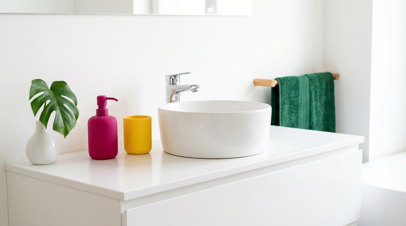 Minimalistyczna, biała łazienka z umywalką nablatową. Na blacie stoją kolorowe akcesoria łazienkowe: dozownik na mydło w intensywnym odcieniu fuksji, kubek na szczoteczki w kolorze słonecznej żółci i mały wazonik z jednym, zielonym liściem monstery. W tle widać złożony ręcznik w kolorze butelkowej zieleni.