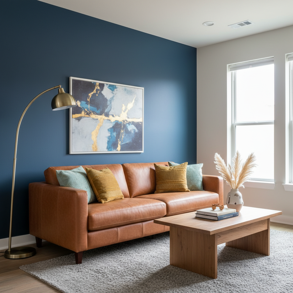 Stylowy salon, którego jedna ściana pomalowana jest na głęboki, matowy granat, a pozostałe na złamaną biel. Na tle granatowej ściany stoi koniakowa, skórzana sofa z kolorowymi poduszkami. Kontrast między ciemną a jasną ścianą tworzy dynamiczny i elegancki efekt, pokazując, jak umiejętnie łączyć różne palety barw.