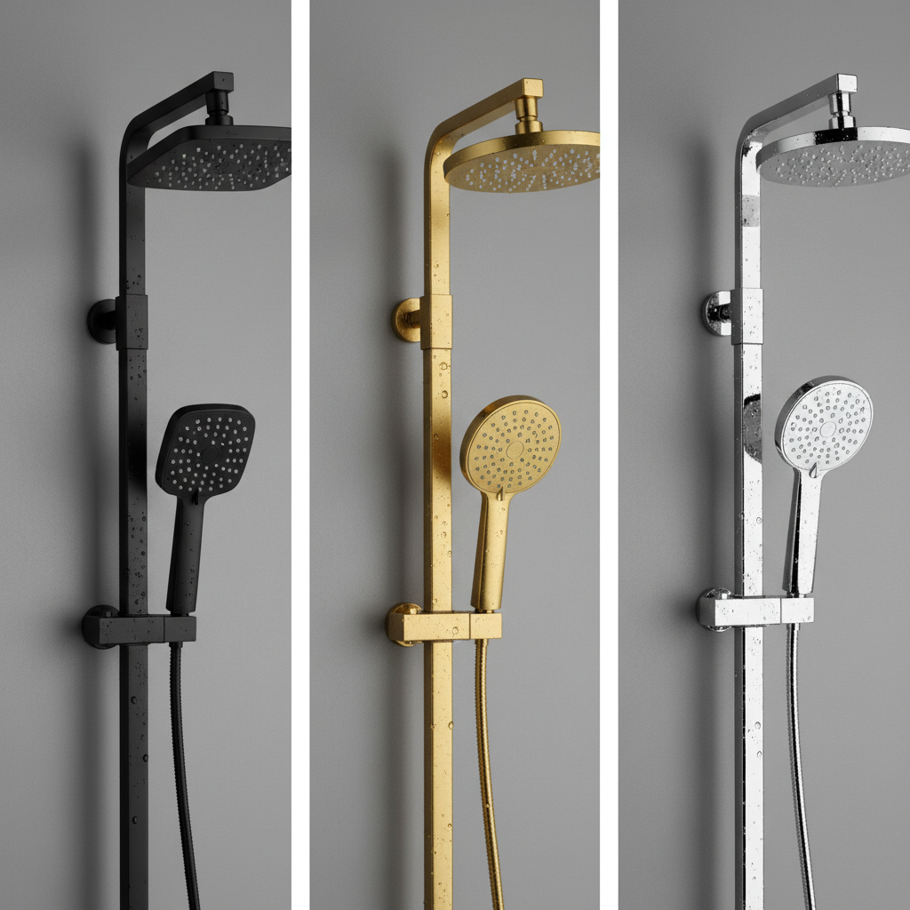 Kompozycja przedstawiająca fragmenty trzech różnych kolumn prysznicowych w modnych wykończeniach: matowa czerń, szczotkowane złoto i klasyczny chrom. Są one ułożone na neutralnym, szarym tle, co podkreśla ich kolor i fakturę.