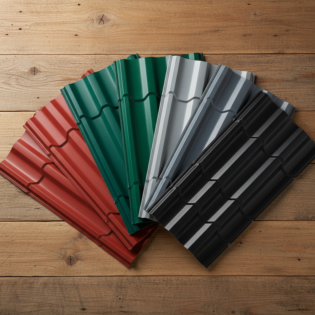 Artystyczna kompozycja przedstawiająca wachlarz próbek blachodachówki w różnych kolorach – od klasycznej ceglastej czerwieni, przez głęboką zieleń, aż po nowoczesne odcienie szarości i czerni. Próbki ułożone są na tle desek z naturalnego drewna, co podkreśla uniwersalność materiału i możliwość dopasowania go do różnych stylów architektonicznych.