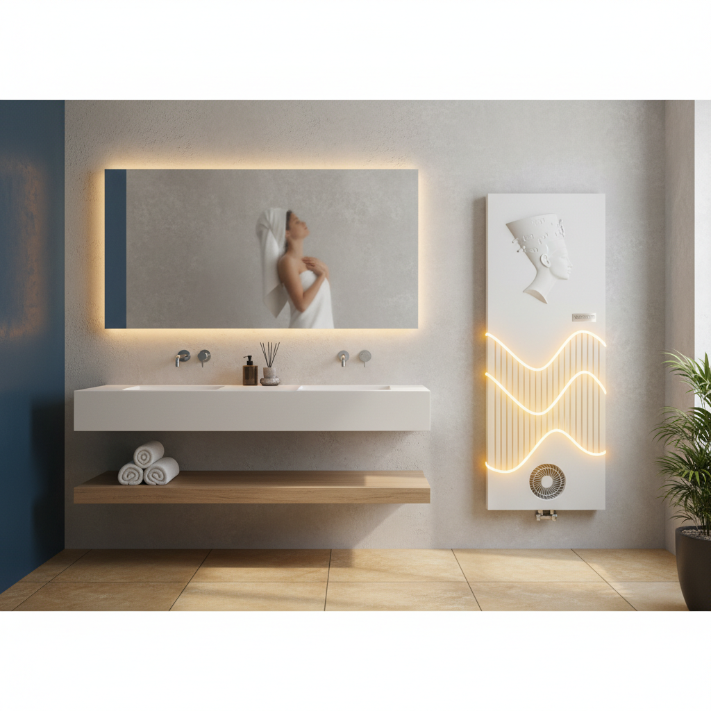 Widok na przytulną, nowocześnie urządzoną łazienkę w chłodny poranek. Przez lekko zaparowane lustro widać odbicie osoby otulonej ręcznikiem. W tle, na ścianie, wisi grzejnik Nefertiti. Delikatna poświata lub symboliczna fala ciepła emanuje z dolnej części grzejnika, gdzie znajduje się wentylator, sugerując szybkie i przyjemne ogrzewanie pomieszczenia. Paleta barw ciepła i zachęcająca.