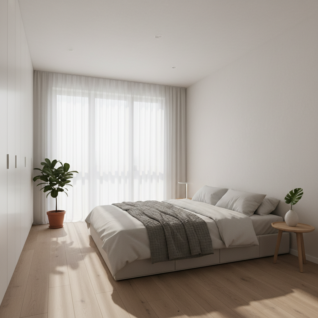 Spokojna, nowoczesna sypialnia w domu energooszczędnym. Wnętrze jest czyste i minimalistyczne. Promienie porannego słońca delikatnie wpadają do środka, tworząc atmosferę spokoju i świeżości, symbolizującą doskonałą jakość powietrza dzięki systemowi rekuperacji.