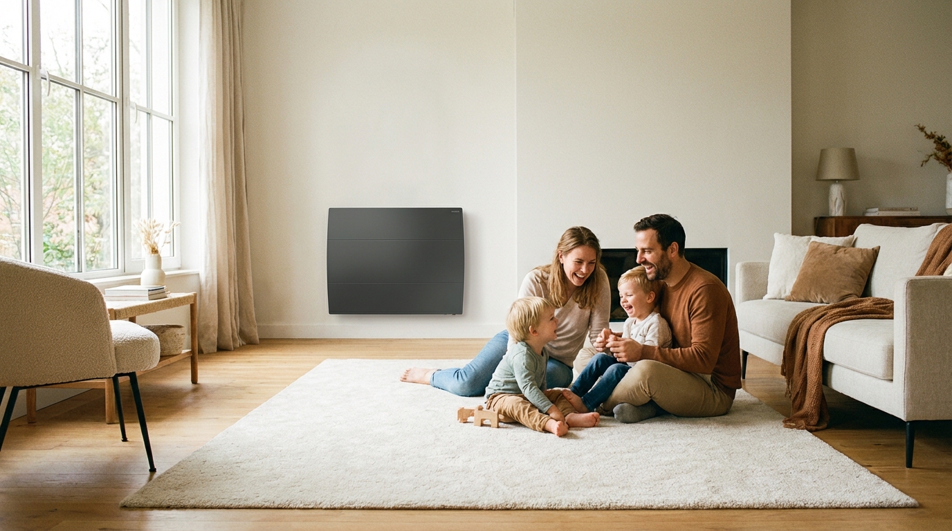 Jasne, przestronne wnętrze pokoju dziennego z dużym oknem. Szczęśliwa rodzina spędza razem czas, bawiąc się na dywanie. W tle, dyskretnie wkomponowany w ścianę, antracytowy grzejnik Atlantic Oniris. Scena emanuje ciepłem, bezpieczeństwem i komfortem.