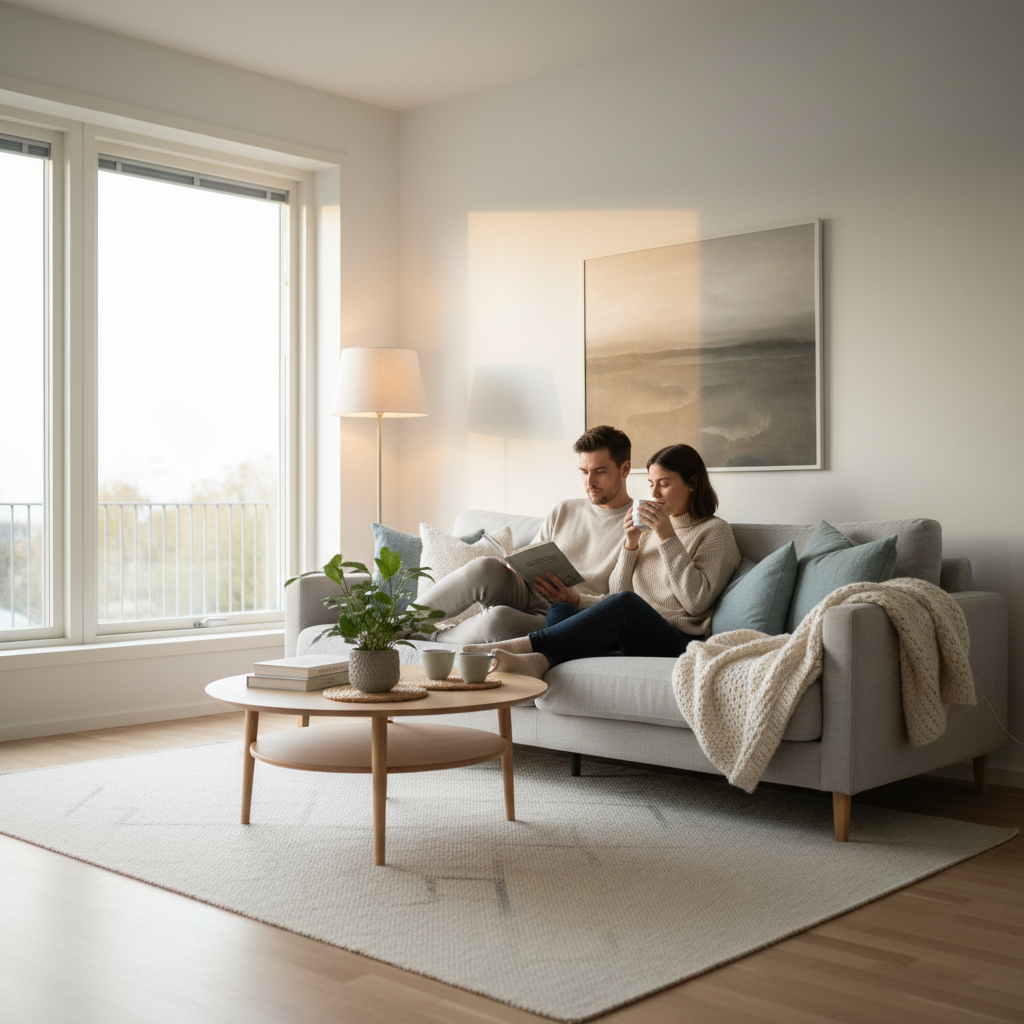 Nowoczesny, jasny salon w skandynawskim stylu. Przez duże okno wpada łagodne popołudniowe słońce. Na wygodnej sofie siedzi zrelaksowana para, czytając książkę i pijąc herbatę. Wnętrze jest przytulne i emanuje spokojem oraz ciepłem, bez widocznych oznak przegrzania. Estetyka minimalistyczna, ciepłe oświetlenie.